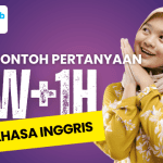 Ilustrasi wanita berhijab tersenyum mempresentasikan 30+ contoh pertanyaan 5W 1H bahasa Inggris bersama English Club Gresik.