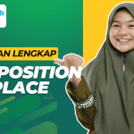 Banner panduan lengkap preposition of place oleh tutor English Club Gresik dengan latar belakang hijau dan kuning.